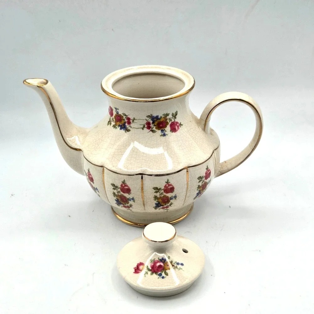 Arthur Wood Donegal TEAPOT with RED Roses and Gold Trim -CRAZING Made in England